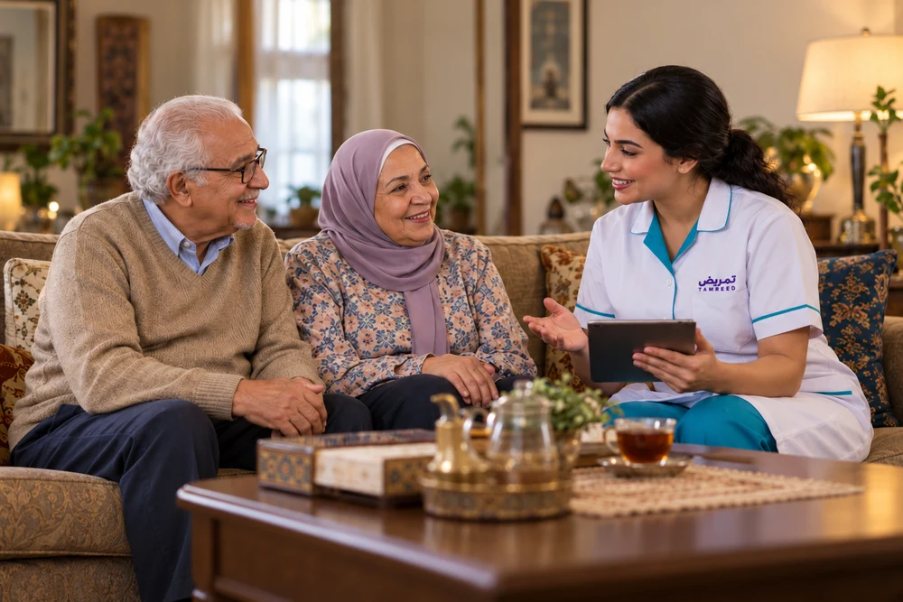 صورة توضيحية مولّدة لأسرة تتحدث مع ممرضة